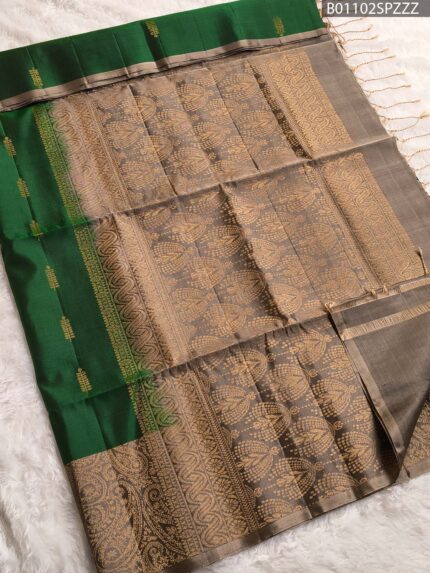 Kanchipuram Pure Silk Saree ? Bottle Green and Grey with Gold Zari