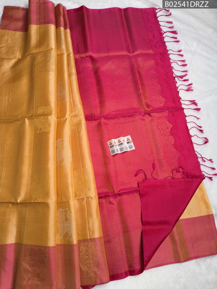 Majestic Mustard & Maganta Soft Silk Saree with Traditional Animal Motifs - Image 1