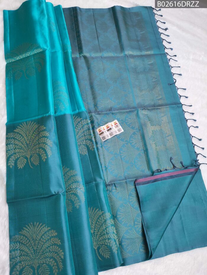 B02616 #DRZZ Kanchipuram Soft Silk Saree ? Peacock Teal with Big Motifs - Image 1
