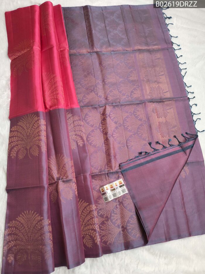 Graceful Grape Purple & Rose Pink Soft Silk Saree with Tree Motif Zari Weaving - Image 1