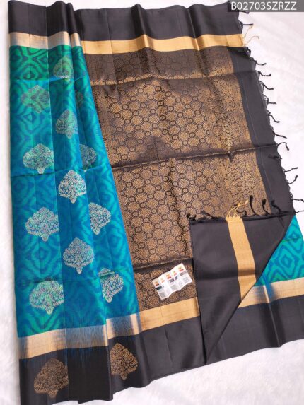 Elegant Peacock blue & black Pure Soft Silk Saree with Rich Zari Weaving