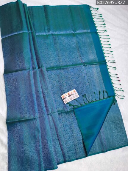 Kanchipuram Pure Soft Silk Saree ? Peacock Blue & Bottle Green Dual Tone