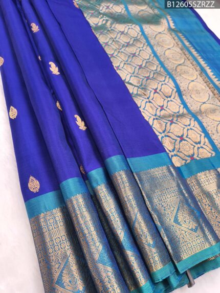 Royal Blue Soft Silk Saree with Teal Border and Gold Zari Brocade Pallu