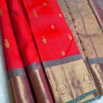 Brilliant Red Silk Saree with Grey-Gold Zari Border and Butta Work