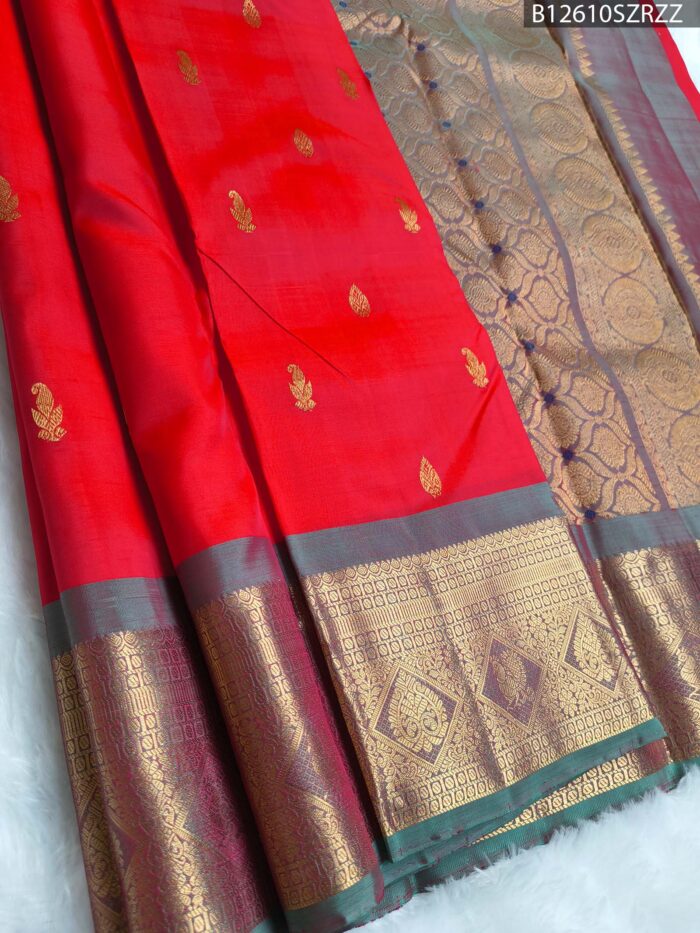 Brilliant Red Silk Saree with Grey-Gold Zari Border and Butta Work - Image 1