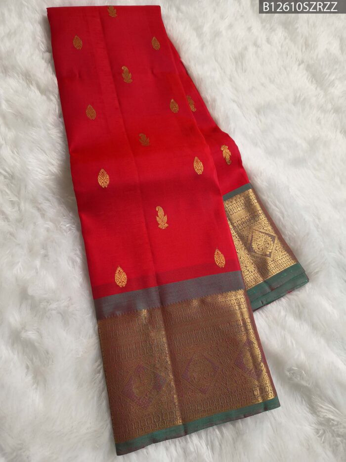 Brilliant Red Silk Saree with Grey-Gold Zari Border and Butta Work - Image 3