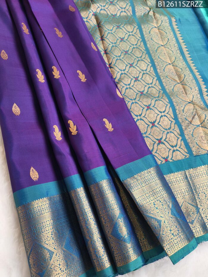 B12611 F #SZRZZ Royal Purple Silk Saree with Aqua Blue Zari Border and Peacock Motifs - Image 1