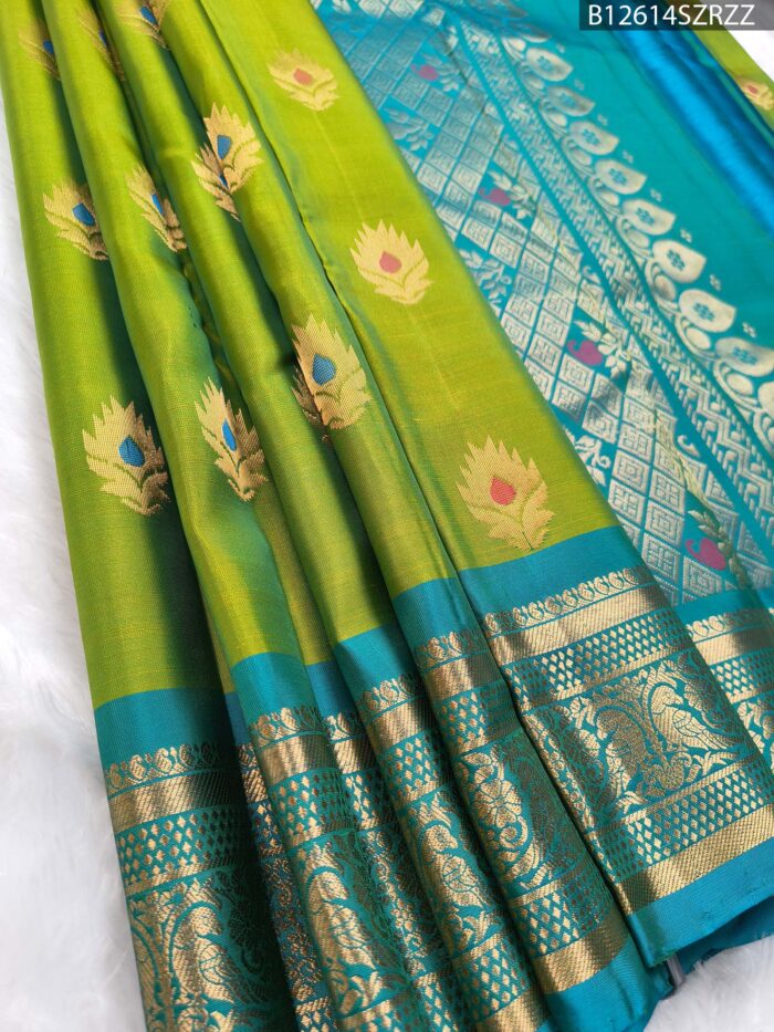 Graceful Green & Blue Soft Silk Saree with Zari Lotus Motifs and Rich Pallu - Image 1