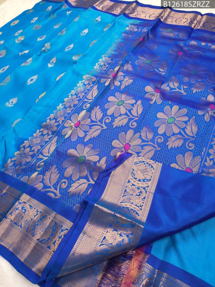 Peacock Blue Silk Saree with Royal Blue Border & Floral Zari Weaving - Image 3