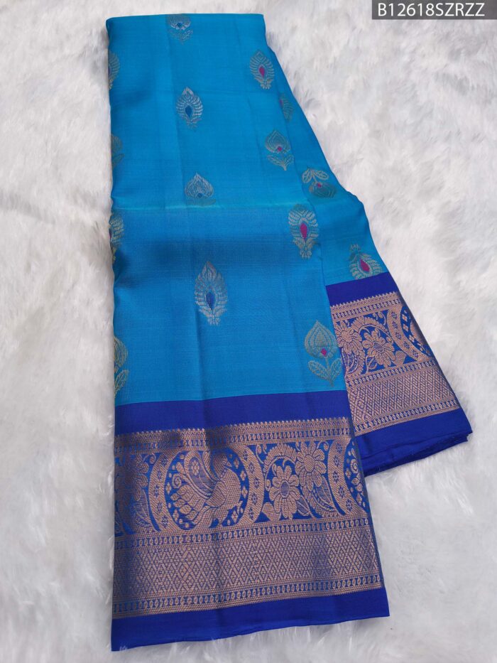 Peacock Blue Silk Saree with Royal Blue Border & Floral Zari Weaving - Image 4