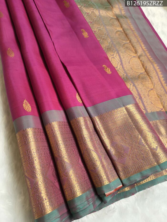 Magenta-Grey Dualtone Colour Silk Saree with Antique Gold Zari Border and Pallu - Image 1
