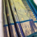 Olive Green to Peacock Blue Dual Tone Pure Silk Saree with Traditional Zari Border