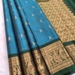 Teal Blue Pure Silk Saree with Rich Green Border and Floral Zari Pallu