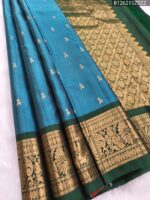 Teal Blue Pure Silk Saree with Rich Green Border and Floral Zari Pallu