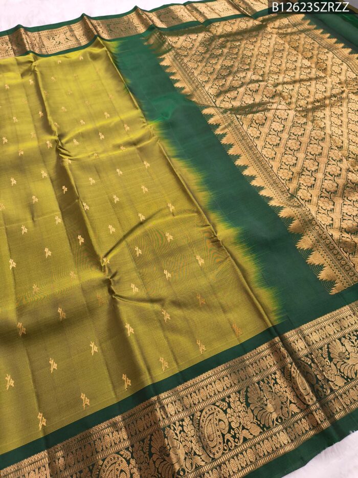 Olive Green Soft Silk Saree with Dark Green Border and Rich Gold Zari Work - Image 2