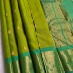 Parrot Green Silk Saree with Aqua Zari Border and Gold Woven Pallu
