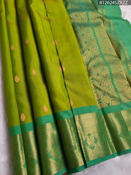 Parrot Green Silk Saree with Aqua Zari Border and Gold Woven Pallu