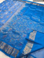 Sky Blue Soft Silk Saree with Multicolor Floral Motifs & Royal Blue Zari Border - Image 3