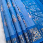 Sky Blue Soft Silk Saree with Multicolor Floral Motifs & Royal Blue Zari Border