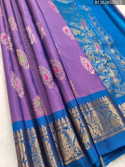 Royal Purple & Blue Soft Silk Saree with Multicolor Zari Floral Motifs and Rich Border