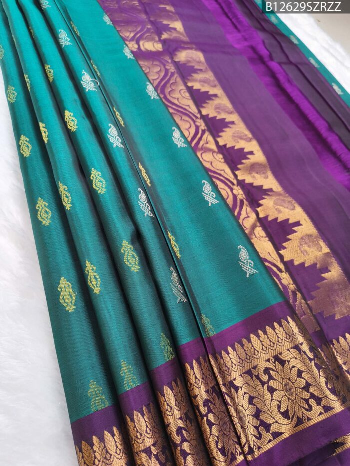 B12629 F #SZRZZ Emerald Green & Royal Purple Kanchipuram Pure Silk Saree with Gold Zari Temple Border - Image 1