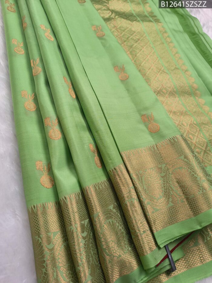 B12641 F #SZSZZ Light Green Soft Silk Saree with Traditional Golden Zari Weaving - Image 1