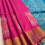 Elegant Pink Silk Saree with Rich Gold Border and Blue Pallu Design