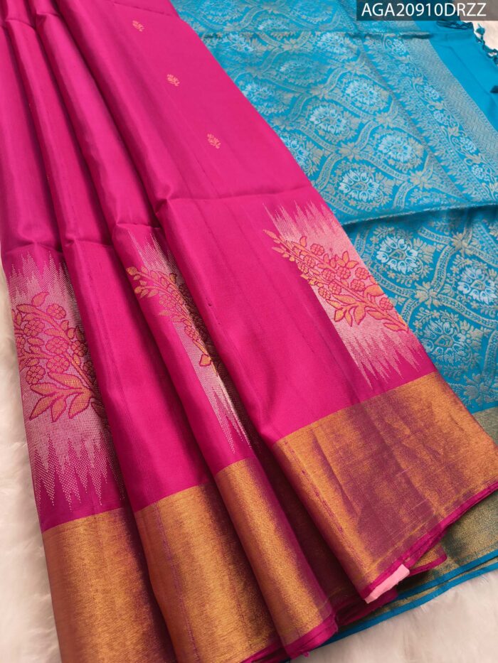 Elegant Pink Silk Saree with Rich Gold Border and Blue Pallu Design - Image 1