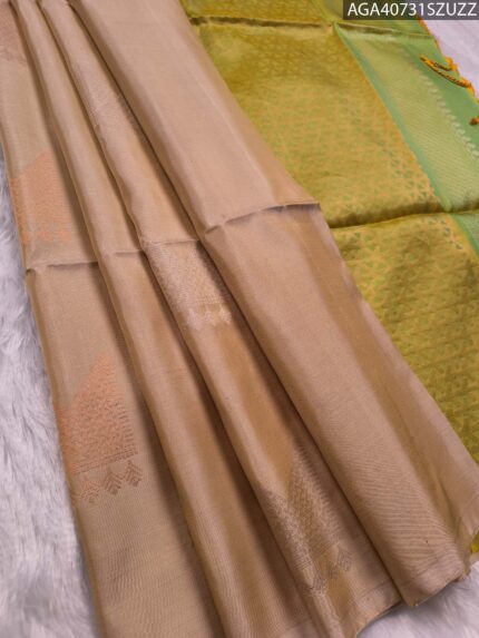 Elegant Golden Beige Pure Silk Saree with Rich Green Pallu