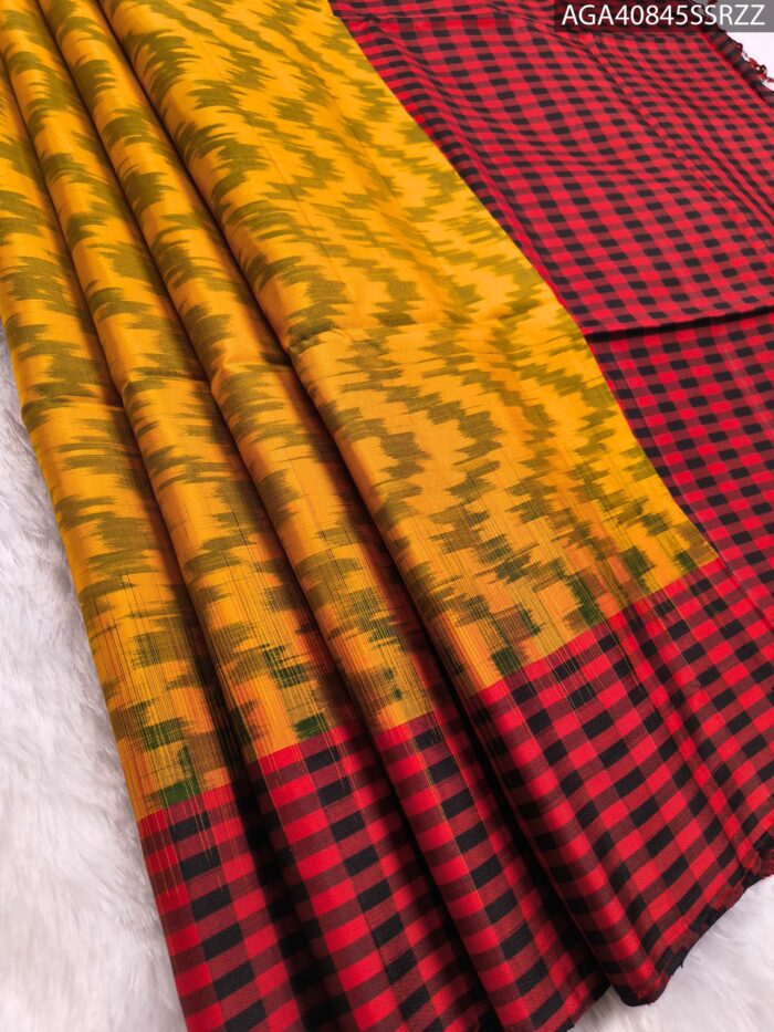 Elegant Yellow and Red Pure Silk Saree with Checked Pallu - Image 1
