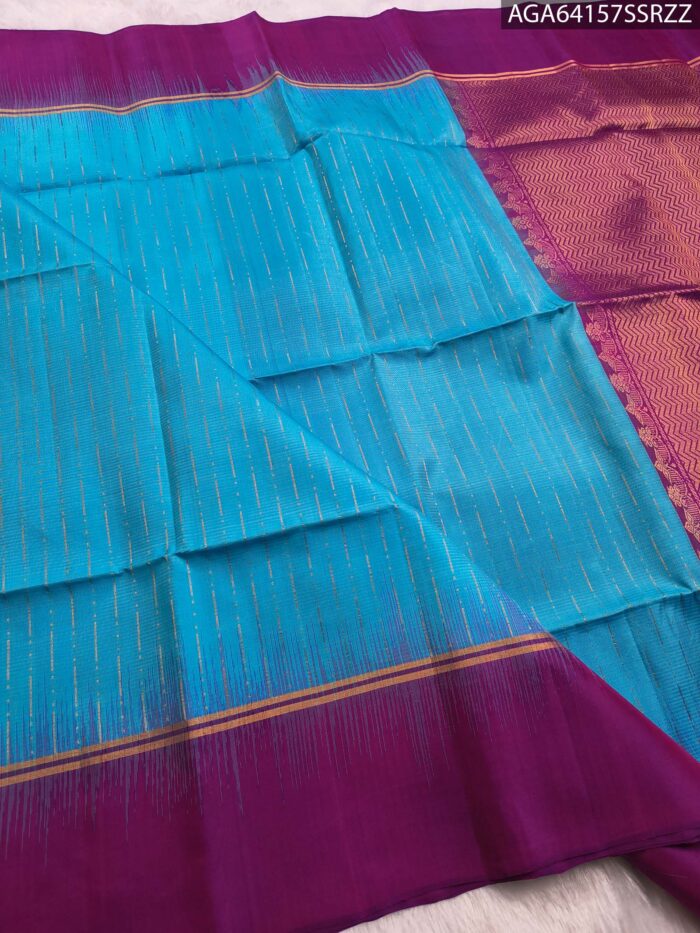 Elegant Sky Blue and Purple Silk Saree with Zari Border and Chevron Pallu - Image 2
