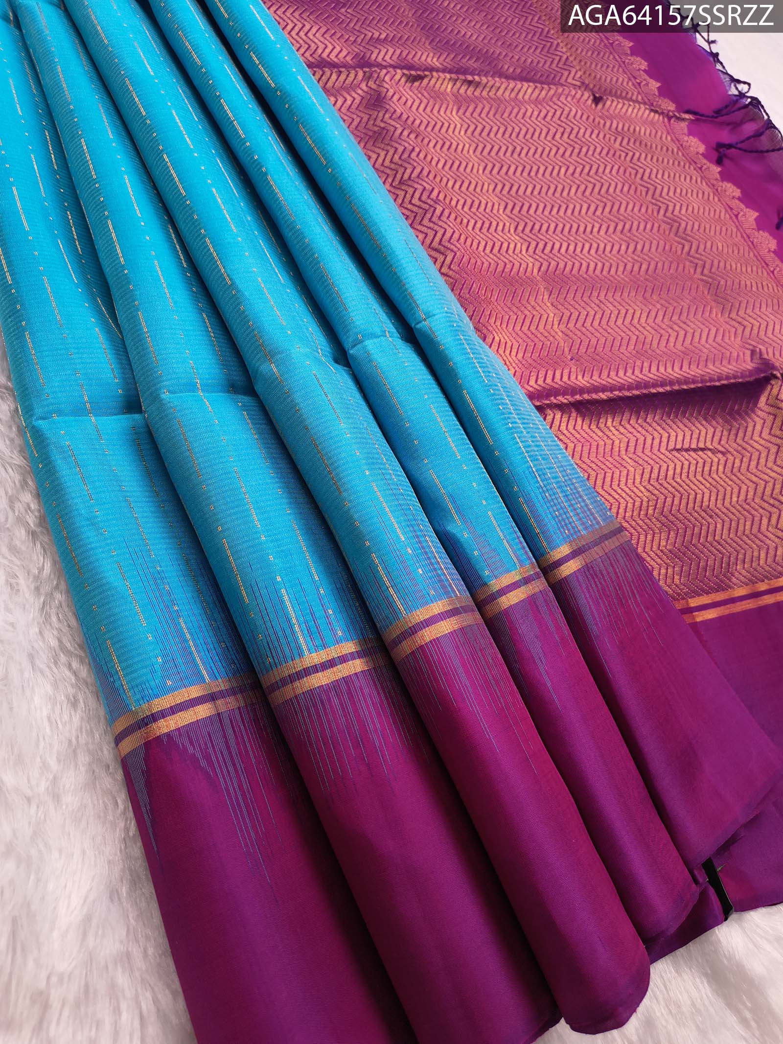 AGA64157_MAIN #SSRZZ Elegant Sky Blue and Purple Silk Saree with Zari Border and Chevron Pallu - Image 1