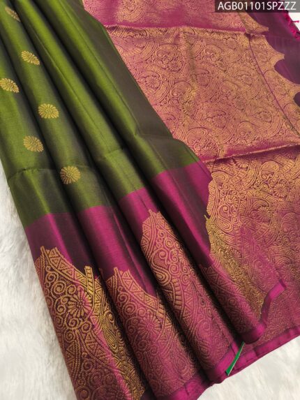 Elegant Olive Green and Magenta Silk Saree with Intricate Zari Border and Rich Pallu