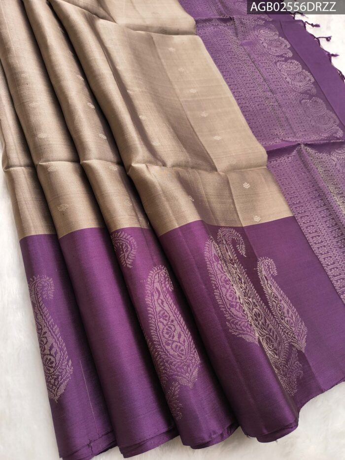 Elegant Beige and Purple Silk Saree with Intricate Paisley Border and Rich Pallu - Image 1