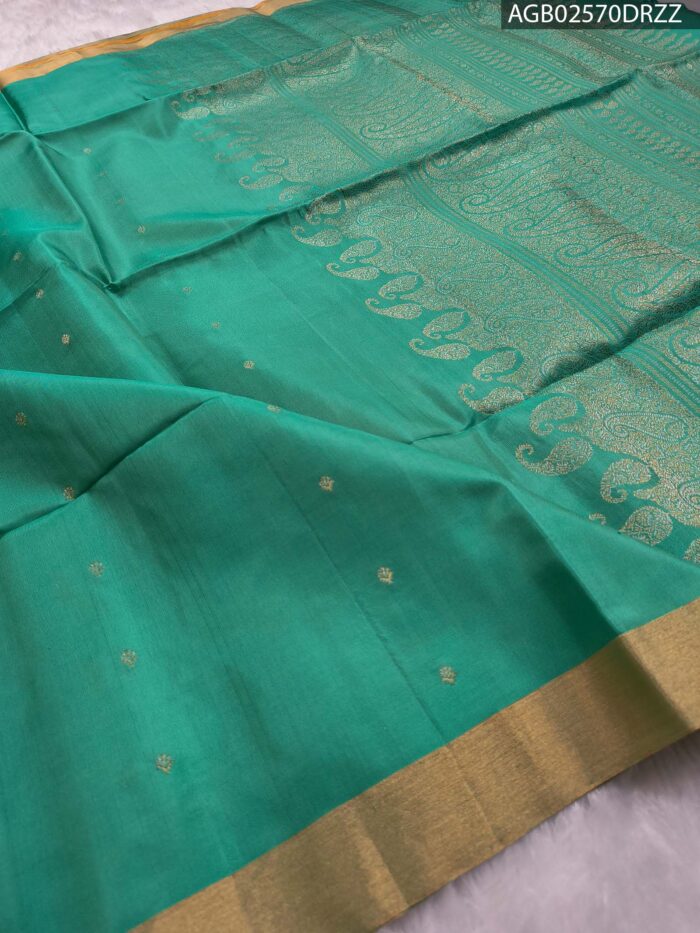 Elegant Turquoise Silk Saree with Golden Zari Border and Rich Pallu - Image 2