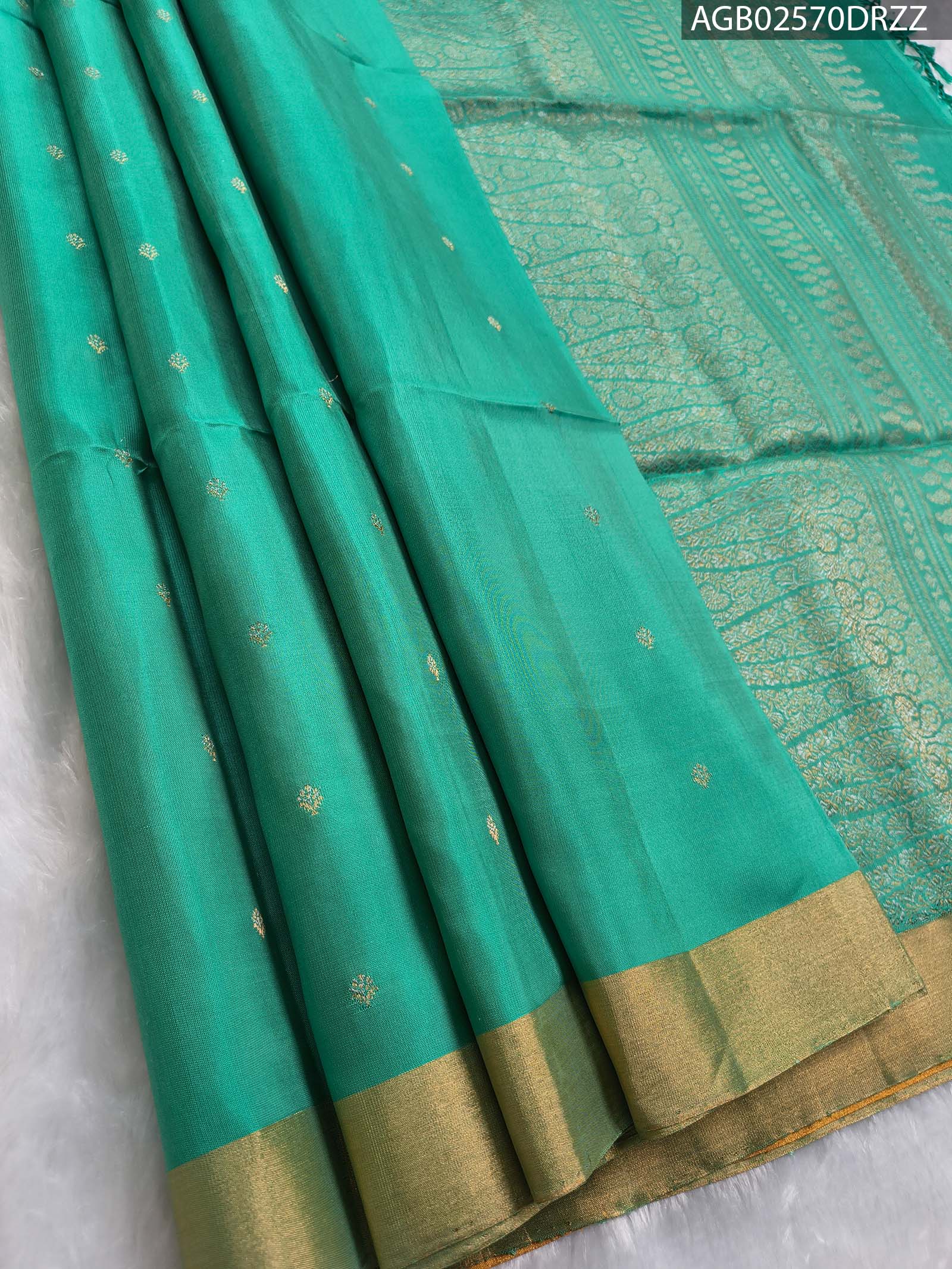 AGB02570_MAIN #DRZZ Elegant Turquoise Silk Saree with Golden Zari Border and Rich Pallu - Image 1