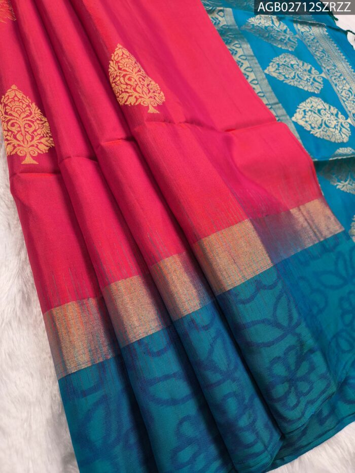 Elegant Pink Silk Saree with Rich Blue Border and Ornate Pallu - Image 1