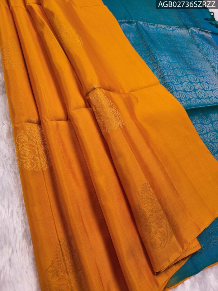 Elegant Orange Silk Saree with Rich Blue Pallu and Intricate Border - Image 1