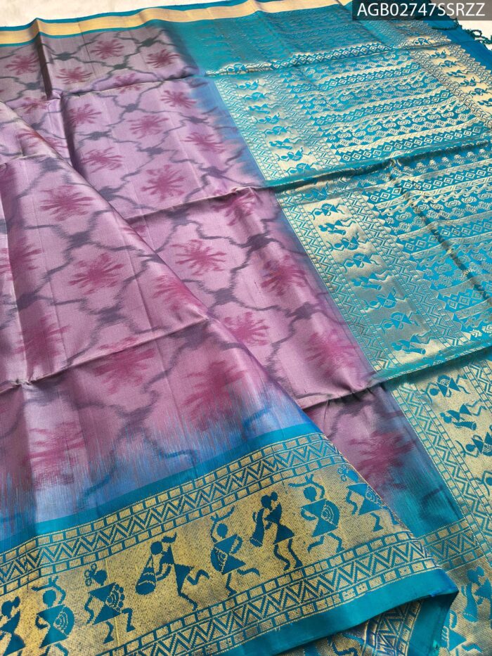 Elegant Purple and Blue Silk Saree with Rich Zari Border - Image 2