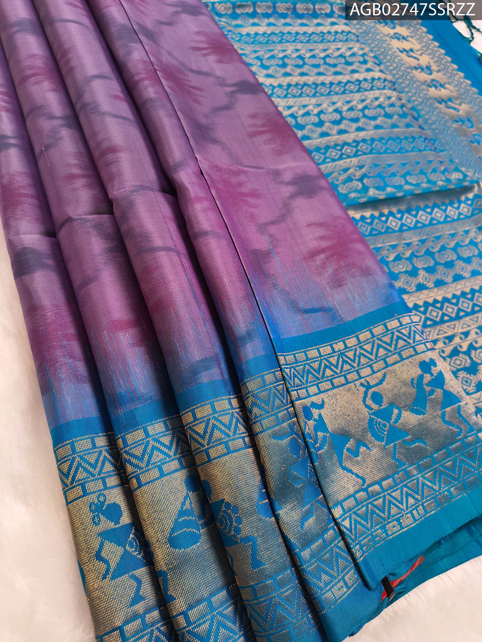 AGB02747_MAIN #SSRZZ Elegant Purple and Blue Silk Saree with Rich Zari Border - Image 1