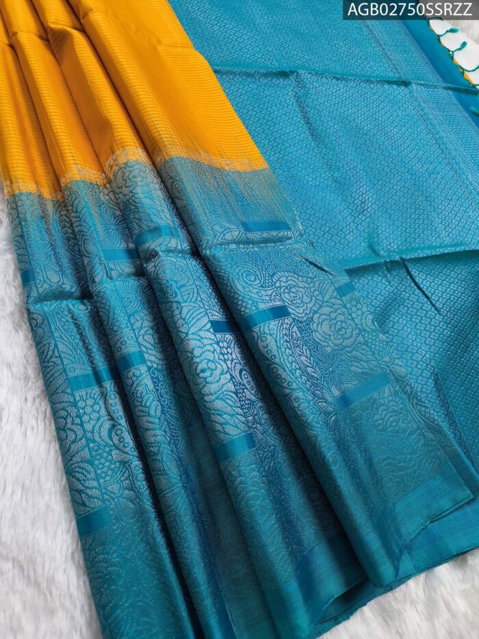 AGB02750_MAIN #SSRZZ Elegant Teal and Gold Pure Silk Saree with Floral Pallu - Image 1