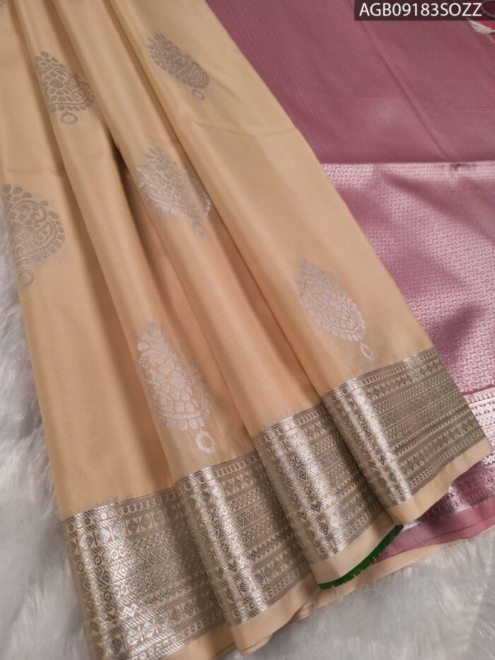 Elegant Beige Soft Silk Saree with Silver Zari Border and Pink Pallu - Image 1