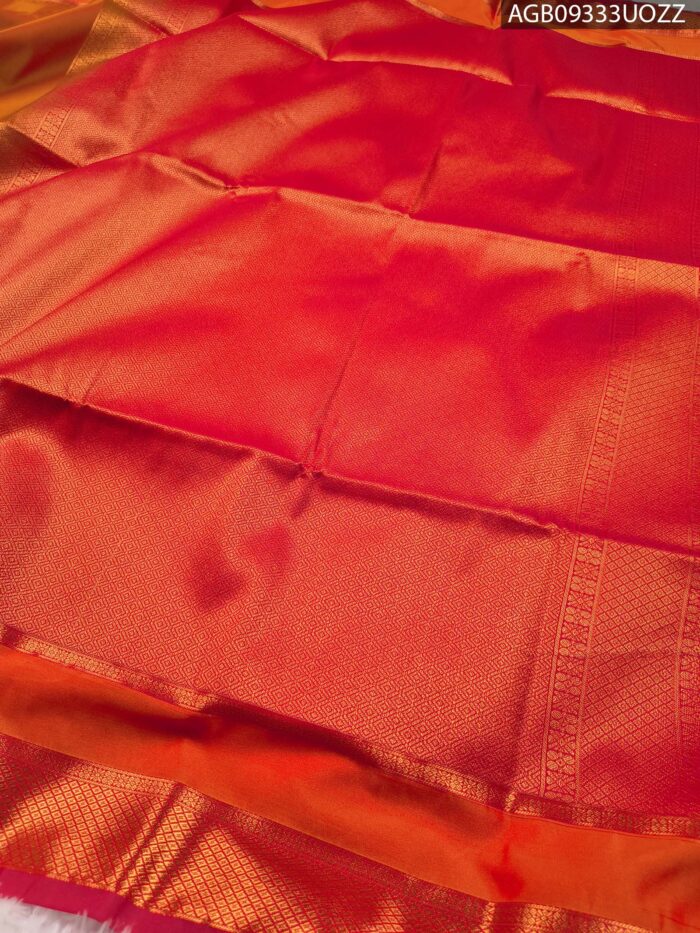 Elegant Orange Soft Silk Saree with Rich Red Border and Paisley Pallu - Image 3