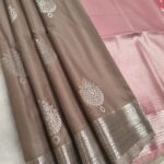 Elegant Taupe Soft Silk Saree with Silver Zari Border and Pink Pallu