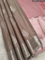 Elegant Taupe Soft Silk Saree with Silver Zari Border and Pink Pallu