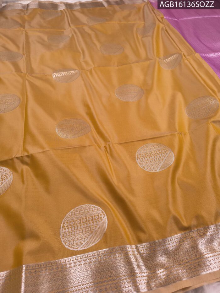 Elegant Mustard Soft Silk Saree with Rich Silver Zari Border and Lavender Pallu - Image 2