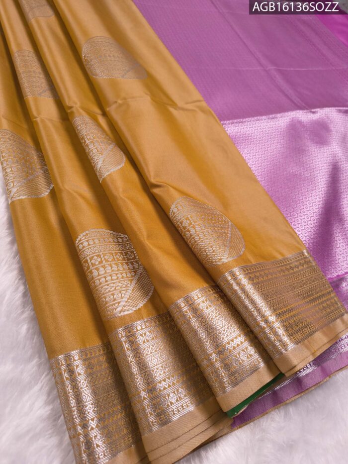 AGB16136_MAIN #SOZZ Elegant Mustard Soft Silk Saree with Rich Silver Zari Border and Lavender Pallu - Image 1