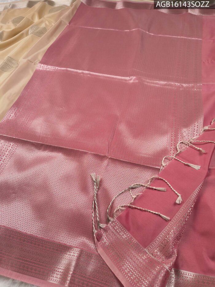 Elegant Beige and Pink Soft Silk Saree with Rich Zari Border - Image 3