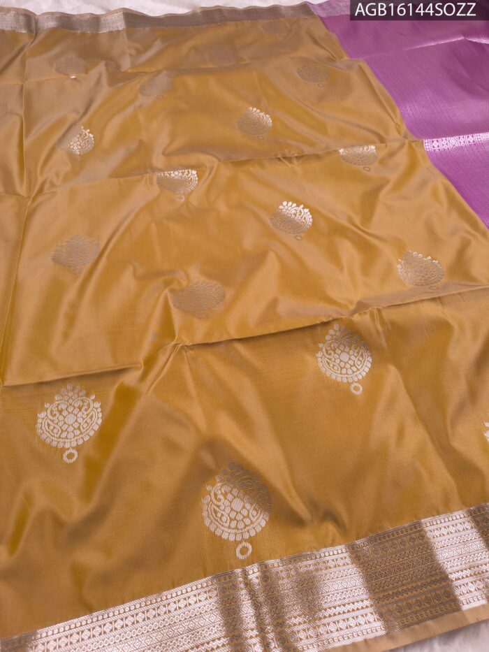 Elegant Mustard Soft Silk Saree with Silver Zari Border and Pink Pallu - Image 2
