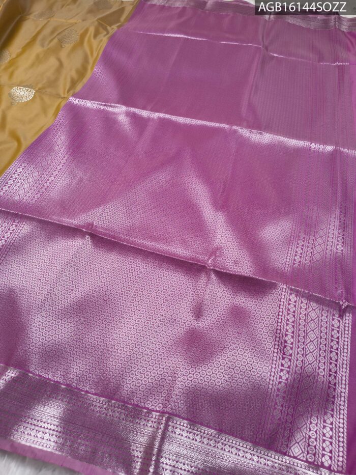 Elegant Mustard Soft Silk Saree with Silver Zari Border and Pink Pallu - Image 3